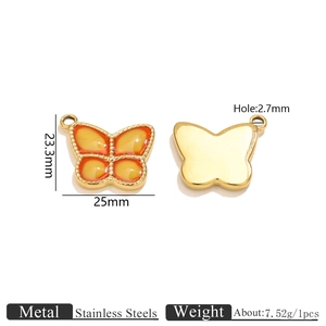 Detailed macro view of 25mm stainless steel butterfly pendant with orange oil drip finish
