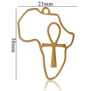 Gold stainless steel Africa map pendant with Ankh symbol, size 23mm by 30mm