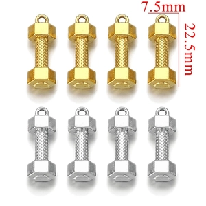 Polished stainless steel dumbbell charms in gold and silver, 22.5mm height dimension details