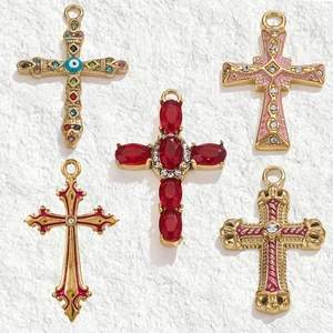 Stainless Steel Cross Pendant For Jewelry Making 18K Gold Plated Religious Charm With Enamel Evil Eye And Rhinestone Embellishment