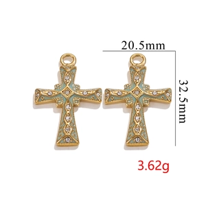 18K gold plated stainless steel cross pendant with blue enamel, 32.5mm by 20.5mm size