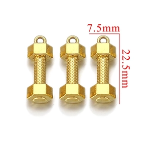 Three gold dumbbell charms in stainless steel with 22.5mm height and knurled texture