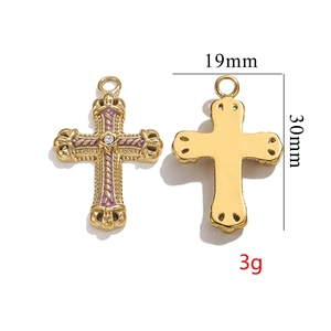 Detailed dimensions of 18K gold plated cross pendant with purple enamel and center crystal
