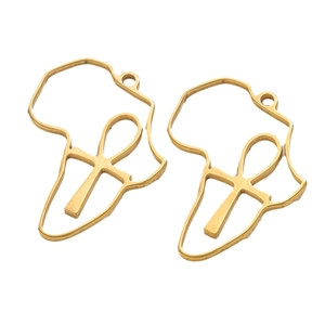 Golden stainless steel Africa map pendant with Ankh symbol cutout on white background