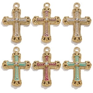 Set of six colorful 18K gold-plated stainless steel cross pendants with central crystals