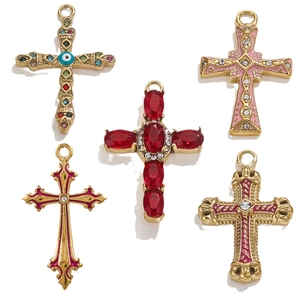 Exquisite 18K gold-plated stainless steel cross pendants with gemstone and crystal inlay