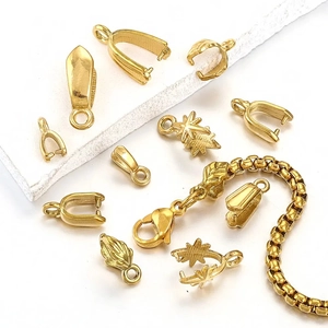 Golden stainless steel jewelry findings kit with pinch bails and lobster clasp set