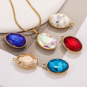 Oval faceted crystal pendant necklace set in multiple colors with gold plated frames