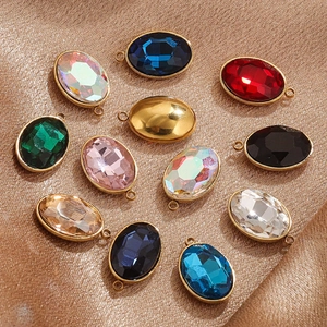 Oval crystal glass charms with double rings for DIY jewelry making in various colors