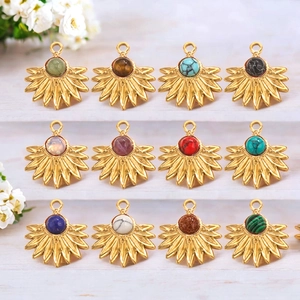 Detailed collection of bohemian sunflower pendants with various natural stones in gold setting