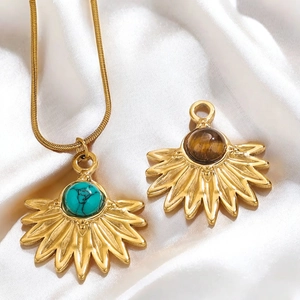 Bohemian gold stainless steel sunflower necklace with turquoise and tiger eye stones