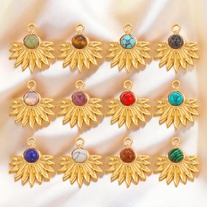 Set of 12 gold plated sunflower pendants with diverse natural stone inlays for DIY jewelry