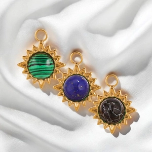 Stainless steel 18K gold sun pendant necklace with natural malachite and turquoise stones
