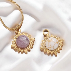 18K gold plated sun pendant necklace with natural purple and white stone inlays