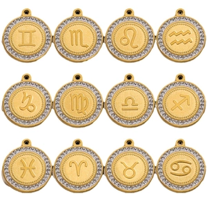 Pendenti rotondi 12 segni zodiacali placcati oro 18K con strass scintillanti incastonati