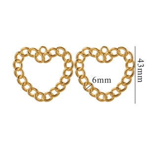 Detailed view of golden heart-shaped chain earrings with 43mm height and 6mm width