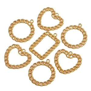 Golden geometric heart and round charms with classic chain texture for jewelry making