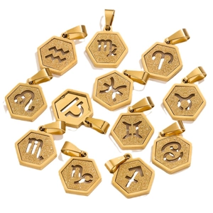 Golden hexagonal stainless steel 12 zodiac pendants with sandblast texture for DIY jewelry