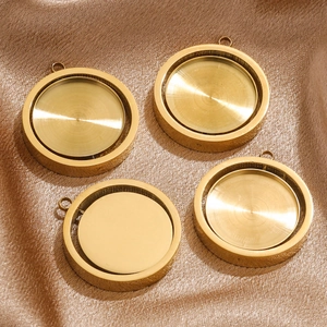 Four round gold stainless steel pendant bases with double-ring for DIY jewelry making