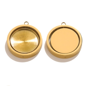 Golden 20mm stainless steel round pendant trays with brushed metal texture for DIY jewelry