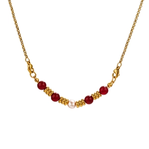 Detailed view of stainless steel gold chain necklace with natural pearls and red beads