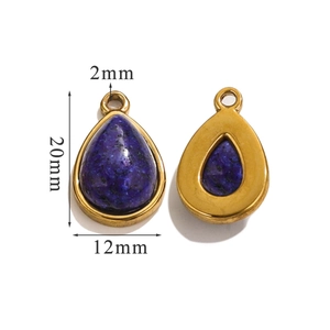 Detailed macro view of teardrop natural stone pendants with gold frames and dimensions