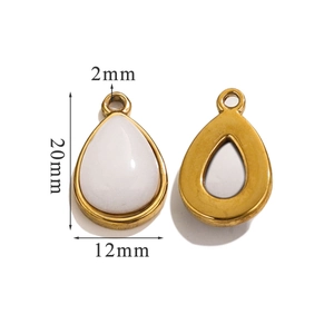Detail showing 20x12mm gold water drop pendant with white stone inlay and hollow back