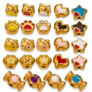 Stainless Steel Enamel Animal Shape Large Hole Beads For DIY Jewelry Making Cartoon Cat Pig Heart Star Candy Pattern Spacers