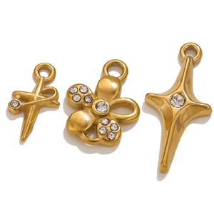 Gold stainless steel pendant set featuring cross, bee, and star designs with crystal accents