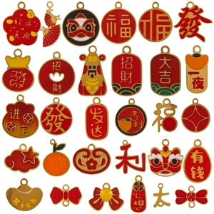 Stainless Steel Enamel Fortune Character Pendants DIY Jewelry Accessories Retro Chinese Style Rich Red Gold Charms