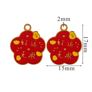 Detail view of red plum blossom enamel charms with lucky text and dimension labels