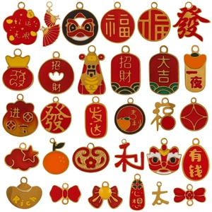 Assorted Chinese New Year stainless steel charms with festive enamel patterns and lucky symbols