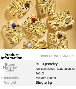 Macro view of gold-plated twisted rectangle stainless steel pendants with natural stones