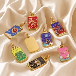 Detailed view of tarot pendants with colorful enamel on gold plated stainless steel