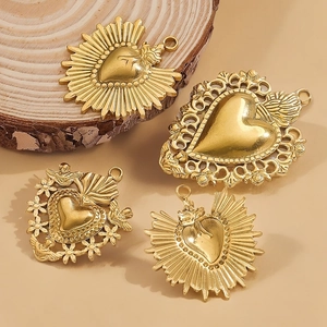 18K gold plated stainless steel sun heart charms with religious vintage engravings