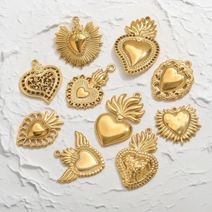10-piece 18K gold-plated heart charms set with sacred and embossed designs for DIY jewelry
