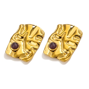 Twisted gold stainless steel rectangle pendant with a deep purple gemstone inlay