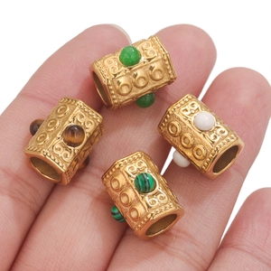 Vintage Gold Zylinderperlen mit Türkis und Malachit Steinen für DIY Schmuckherstellung