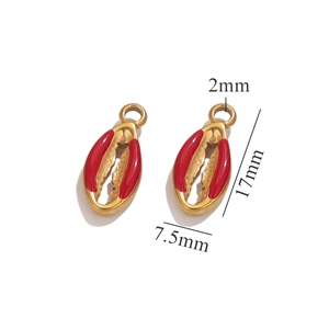 Detail view of 17mm red enamel seashell charms with gold-plated stainless steel measurements