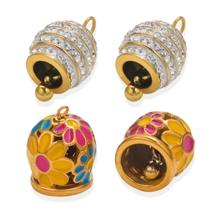 Colgante de Campana de Acero Inoxidable con Flores de Esmalte y Diamantes de Imitación Accesorios DIY para Joyería