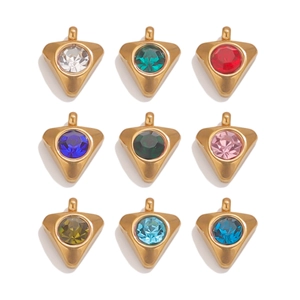 Macro shot of 18K gold plated triangle pendants with nine colorful crystal gemstone inserts