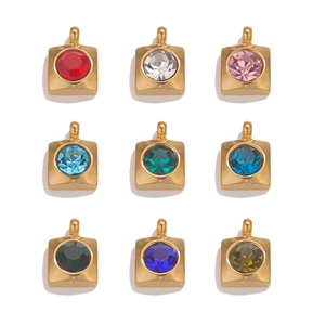 Detailed view of nine colorful square pendants with 18K gold plated finish and crystals