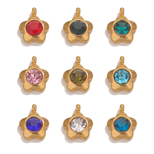 Detailed grid of nine 18K gold plated flower pendants with colorful crystals for DIY jewelry
