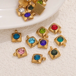 18K gold-plated stainless steel geometric square pendants with colorful crystals for DIY jewelry