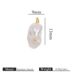 Detailed view of 9x13mm white baroque pearl pendant with golden stainless steel pin