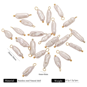 Macro view of natural baroque pearl charms with gold stainless steel hooks and dimensions