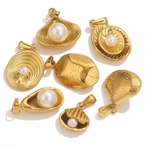 Detailed view of gold stainless steel pendants with imitation pearls in shell designs