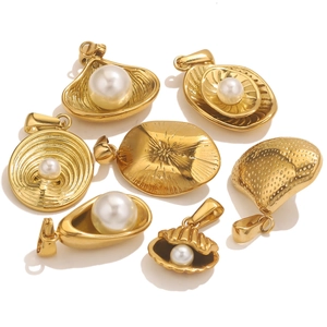 Golden stainless steel ocean pendants with pearls in shell and conch shapes for DIY jewelry