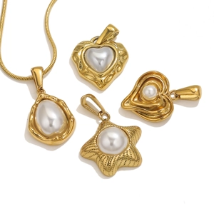 Gold stainless steel star heart pendant necklaces with pearls and snake chain