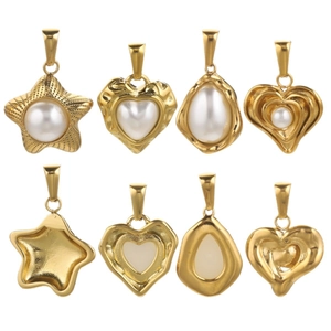 Set of four gold stainless steel heart and star charms with pearls for DIY jewelry
